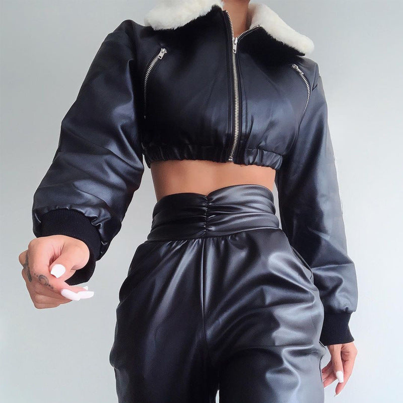 Winter Fur Lapel Zipper Long-Sleeved Top Coat