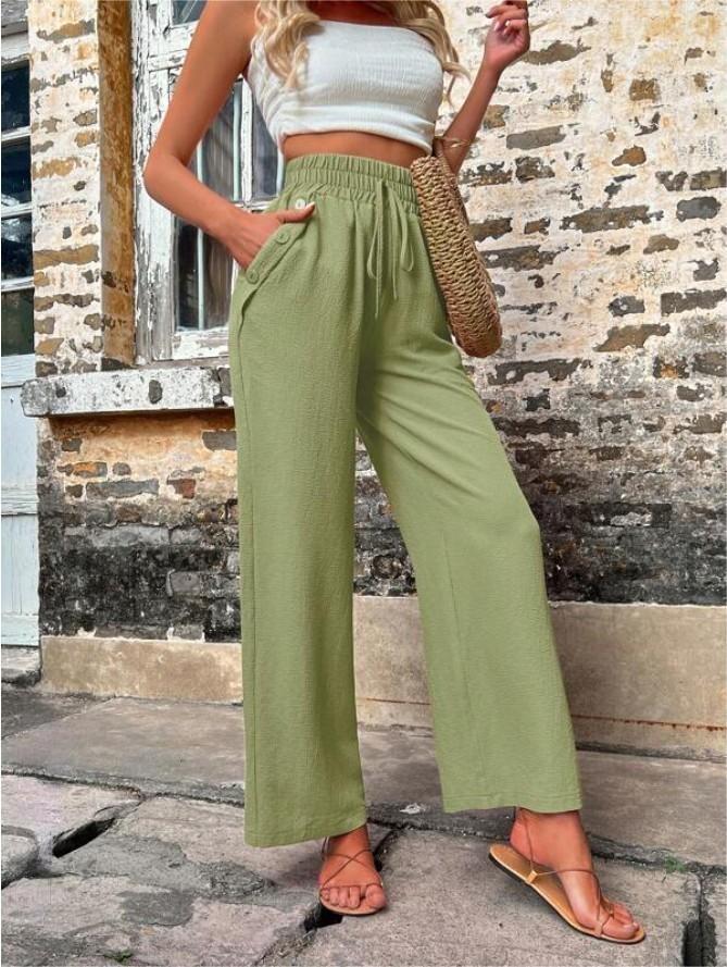 Casual Pants With Pockets Elastic Drawstring High Waist
