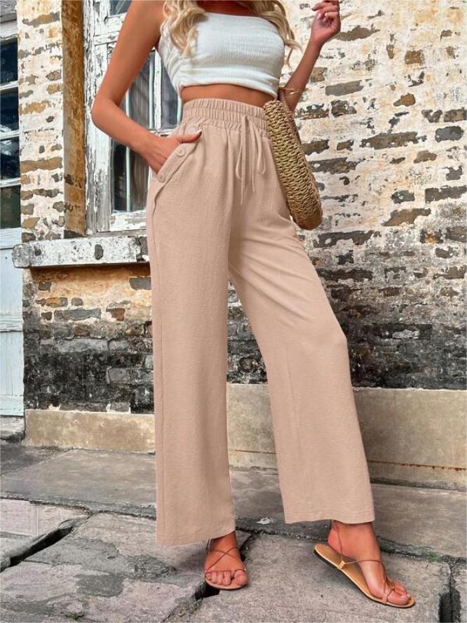 Casual Pants With Pockets Elastic Drawstring High Waist