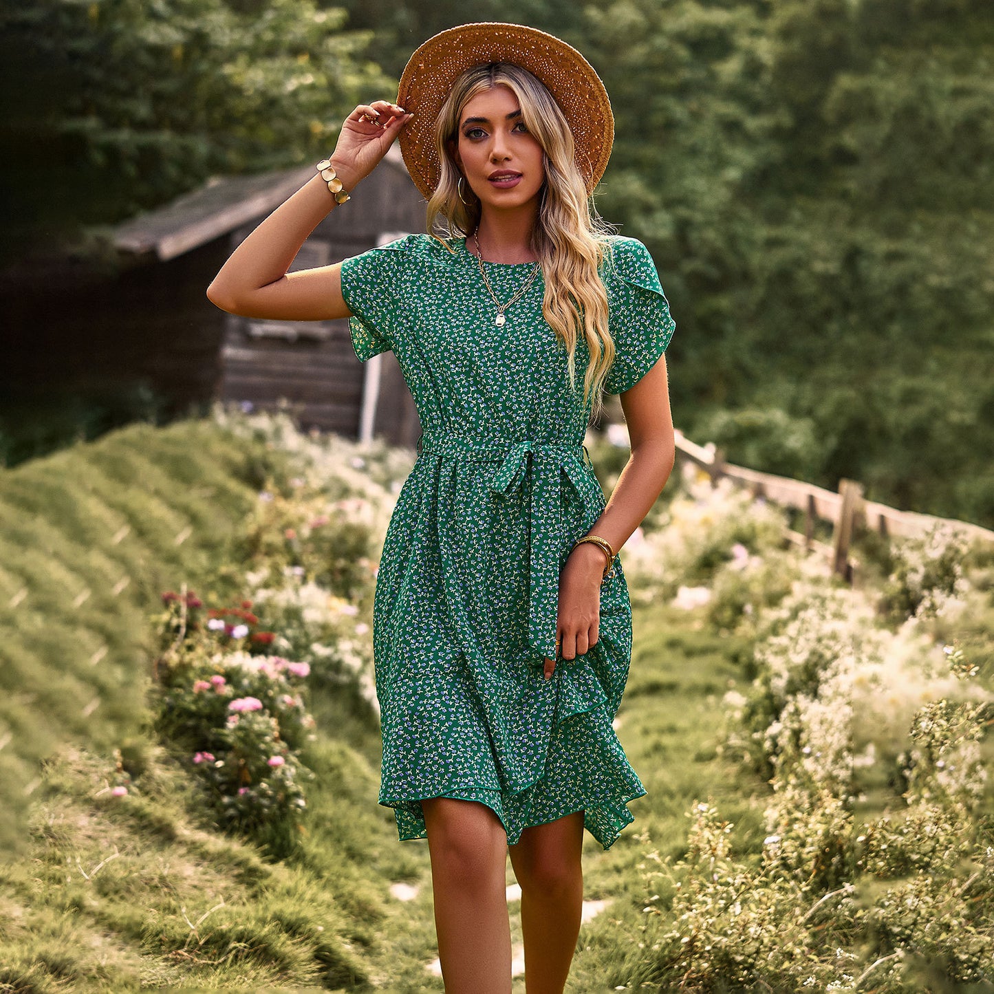 Round Neck Elegant Floral Summer Dress