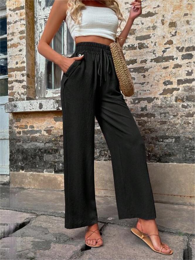 Casual Pants With Pockets Elastic Drawstring High Waist
