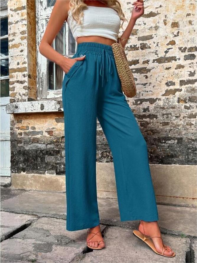 Casual Pants With Pockets Elastic Drawstring High Waist