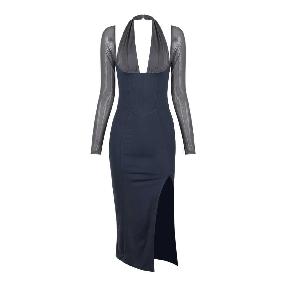 Stunning Long Sleeve Deep Formal Mesh V Dress
