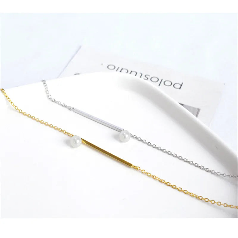 925 Sterling Silver Simple Cylindrical Pearl Chain Bracelet