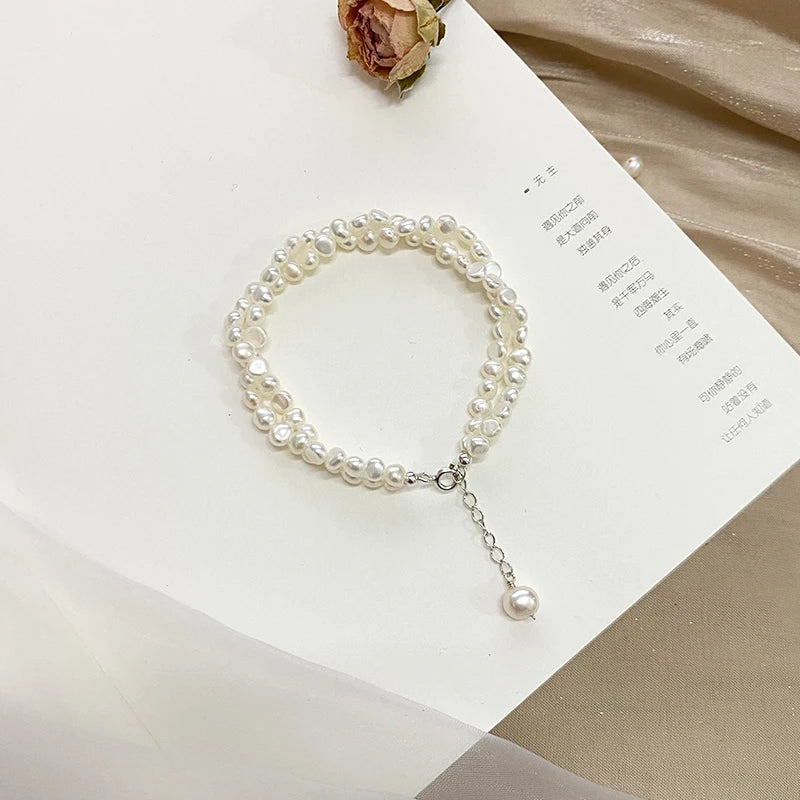 Natural Freshwater Pearl 925 Sterling Silver Double Layer Bracelet