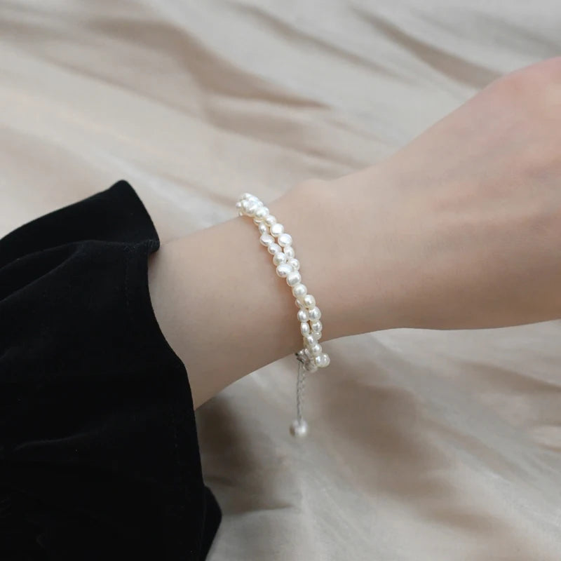 Natural Freshwater Pearl 925 Sterling Silver Double Layer Bracelet