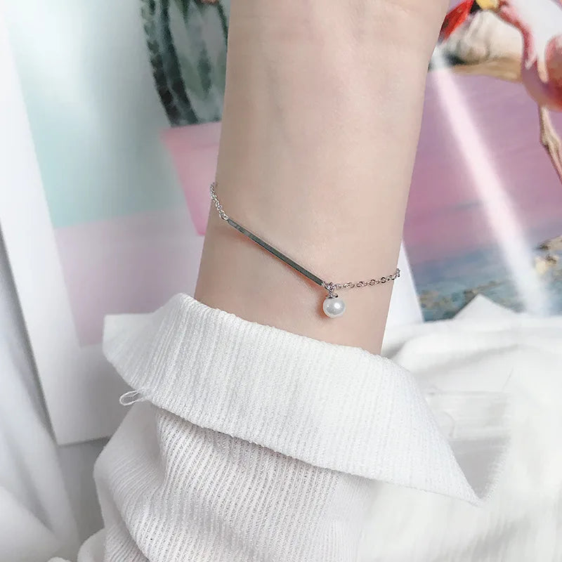 925 Sterling Silver Simple Cylindrical Pearl Chain Bracelet