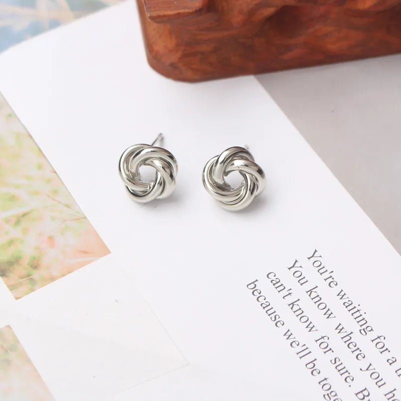 Tiny Metal Stud Gold Color Twist Round Earrings