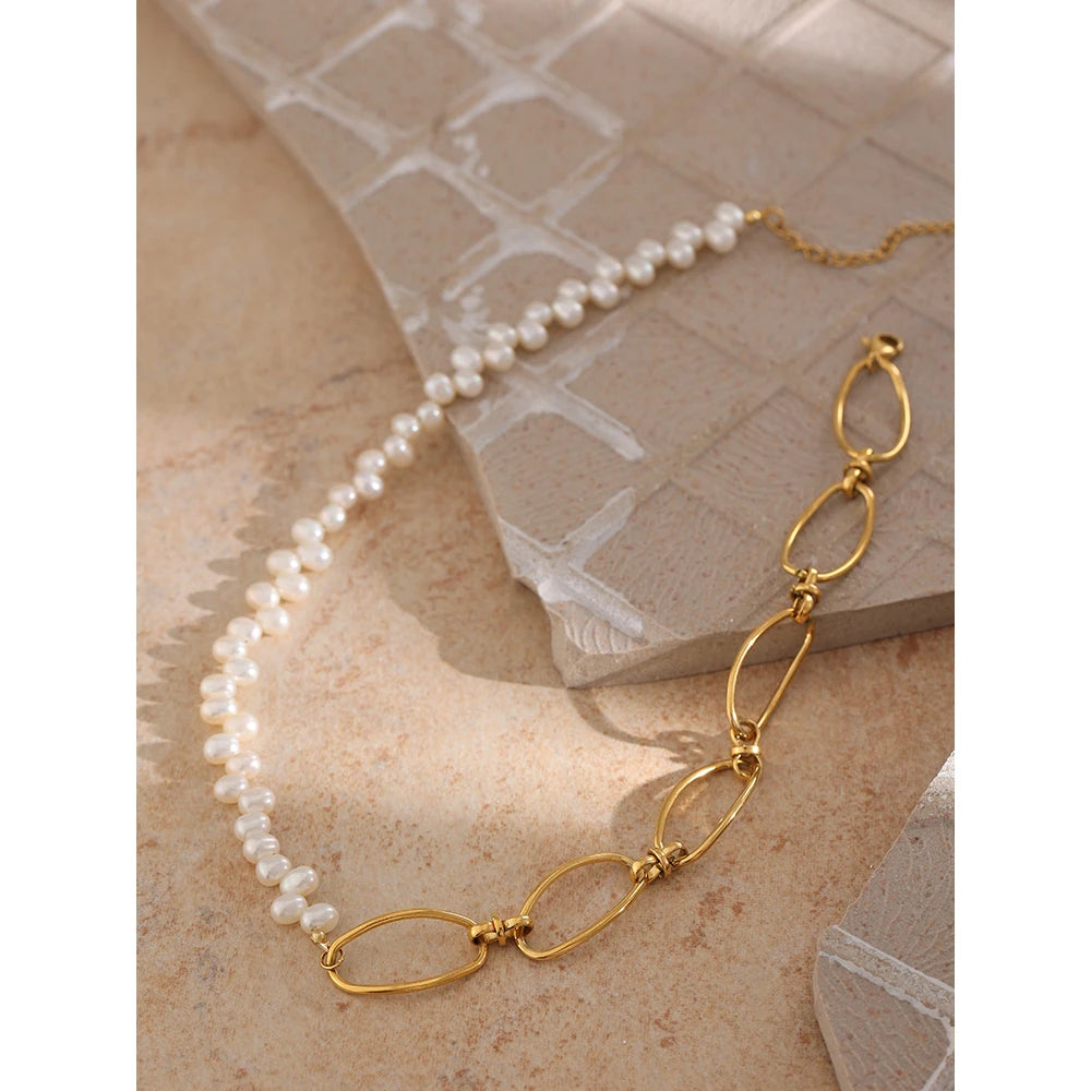 Stainless Steel Elegant Natural Pearl Chain Necklace