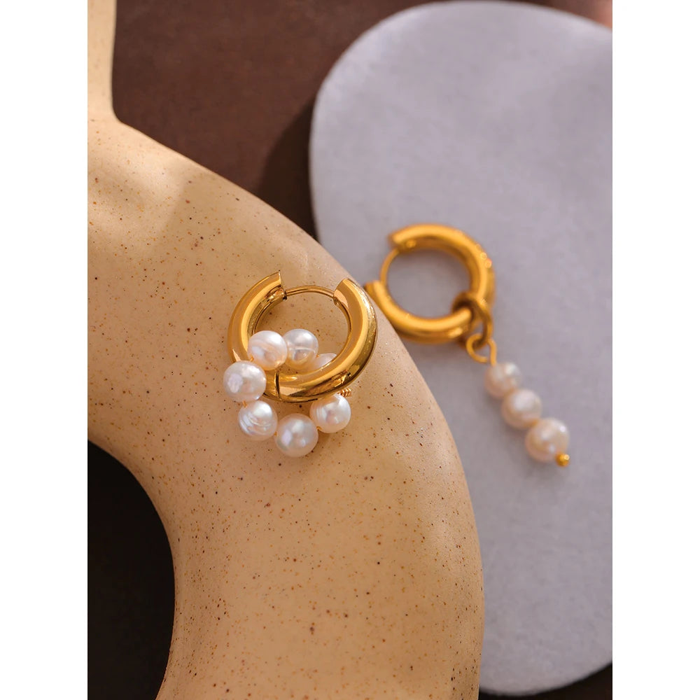 Natural Pearl Stainless Steel Golden Metal Earrings