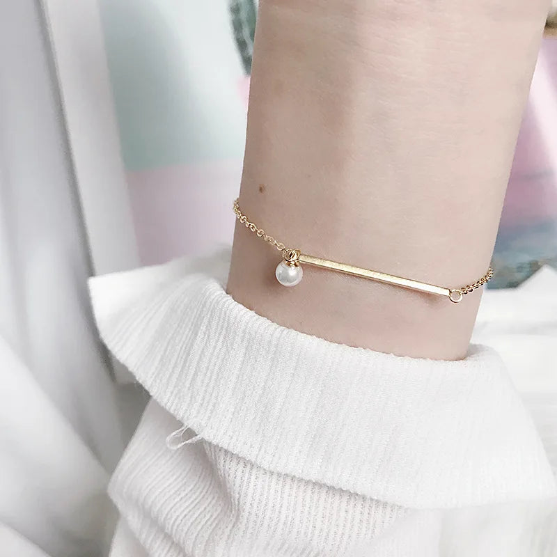 925 Sterling Silver Simple Cylindrical Pearl Chain Bracelet