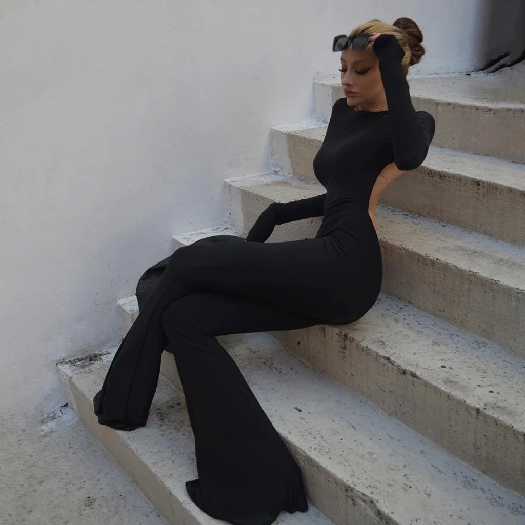 Basic Long Sleeves Halter Backless Flare Bodysuit