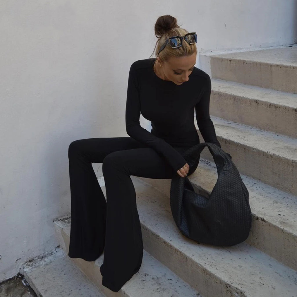 Basic Long Sleeves Halter Backless Flare Bodysuit