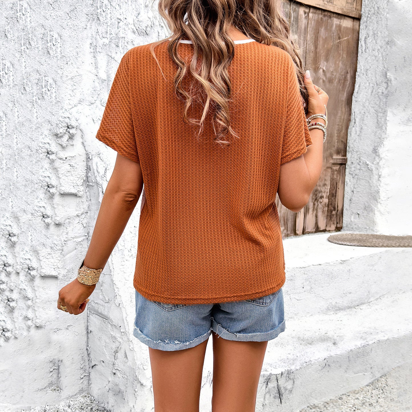 Temperament Leisure Color-block Crew Neck T-shirt