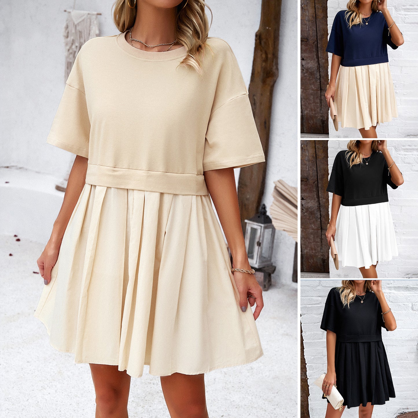 Elegant Short Sleeve Stitched Dress