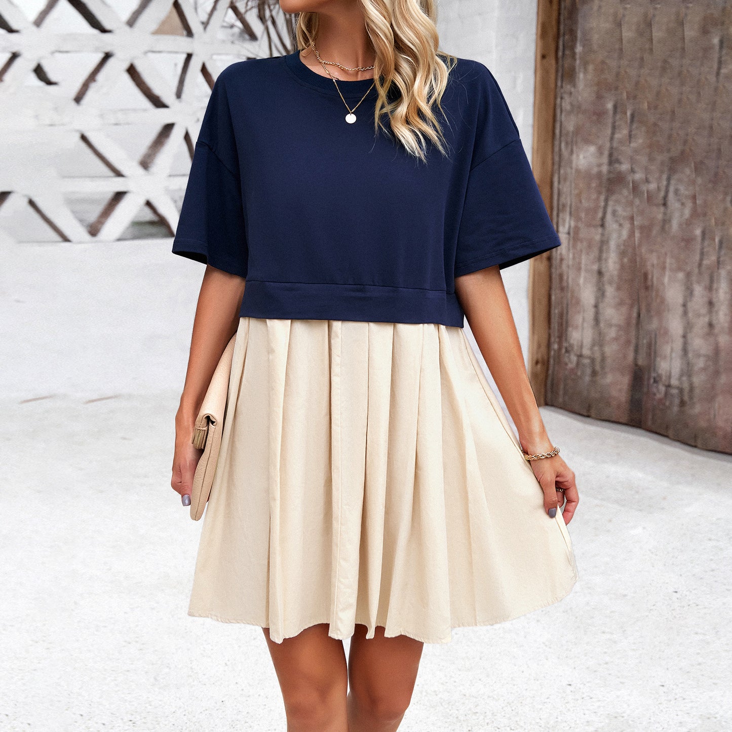 Elegant Short Sleeve Stitched Dress