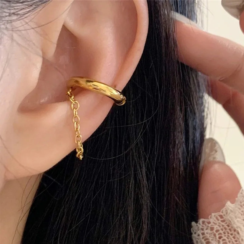 Stainless Steel Ear Clip Long Tassel Chain Earrings