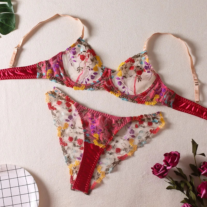 2-Piece Lace Bra Embroidery Floral Lingerie Set