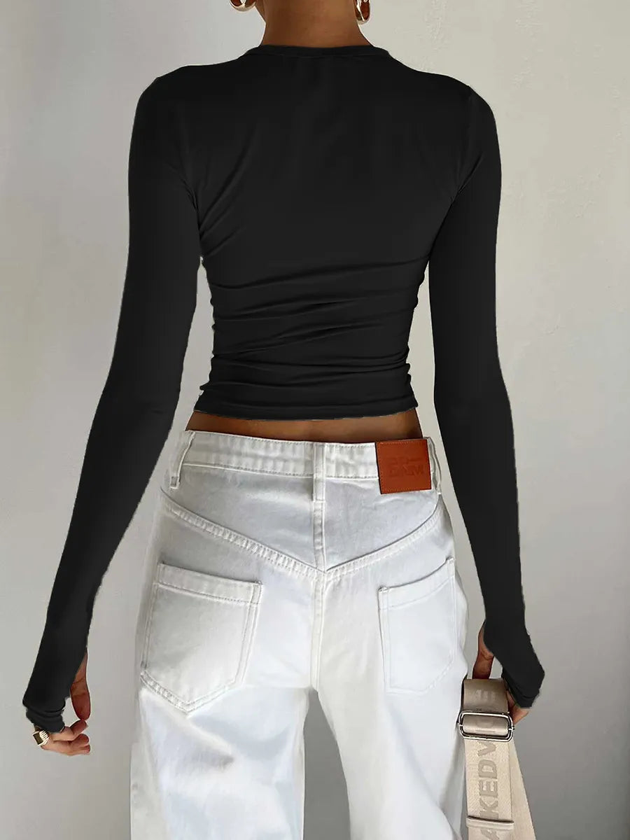 Crew Neck Solid Slim Fit Crop Top with Thumb Holes