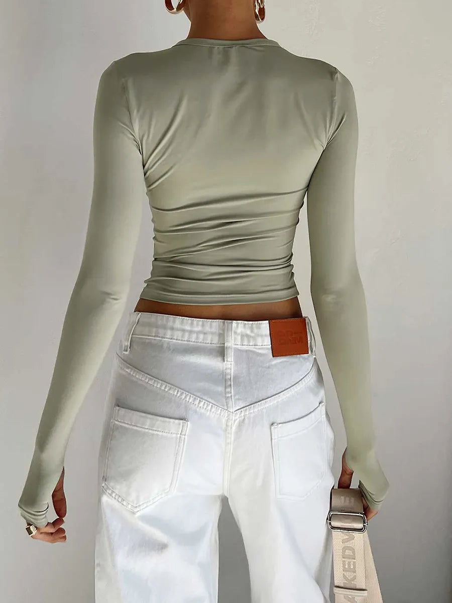 Crew Neck Solid Slim Fit Crop Top with Thumb Holes