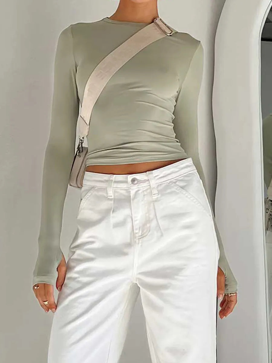 Crew Neck Solid Slim Fit Crop Top with Thumb Holes