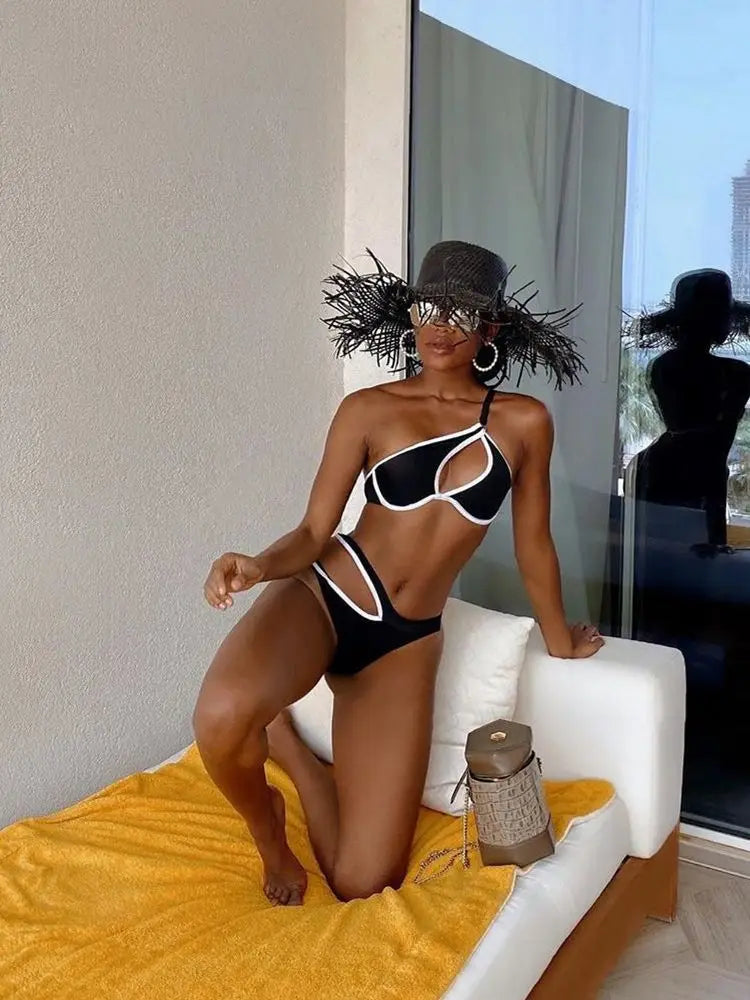 Black Bikini Swimsuit Hollow Out Push Up Set