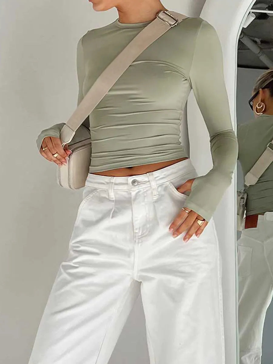 Crew Neck Solid Slim Fit Crop Top with Thumb Holes