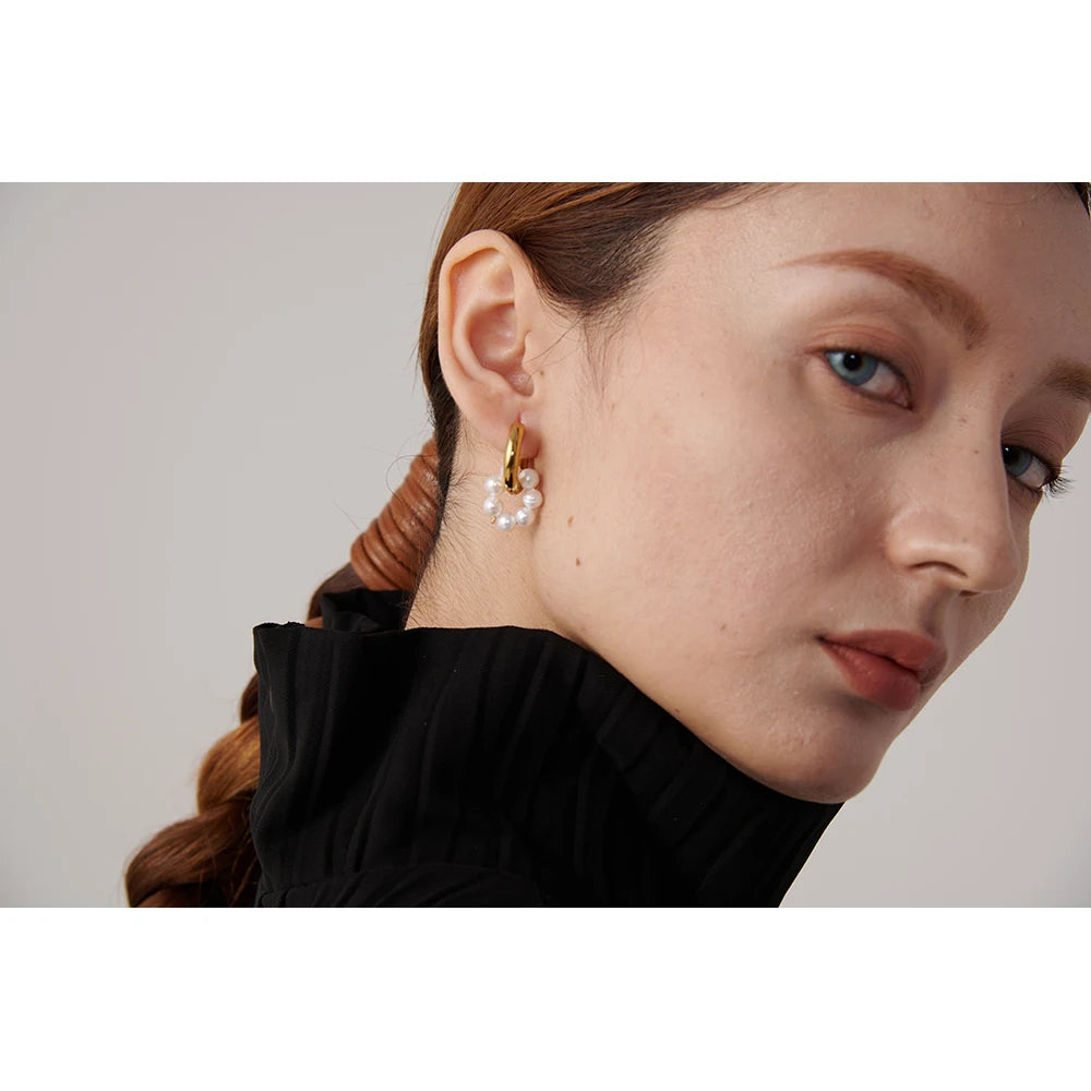 Natural Pearl Stainless Steel Golden Metal Earrings