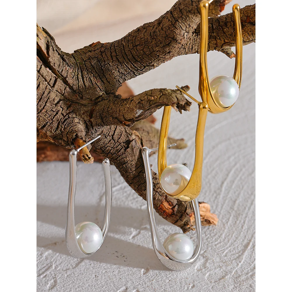 Stainless Steel Round Imitation Pearls Earrings