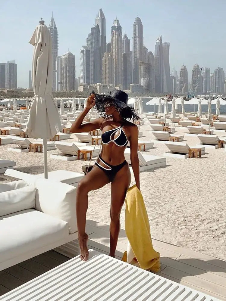 Black Bikini Swimsuit Hollow Out Push Up Set