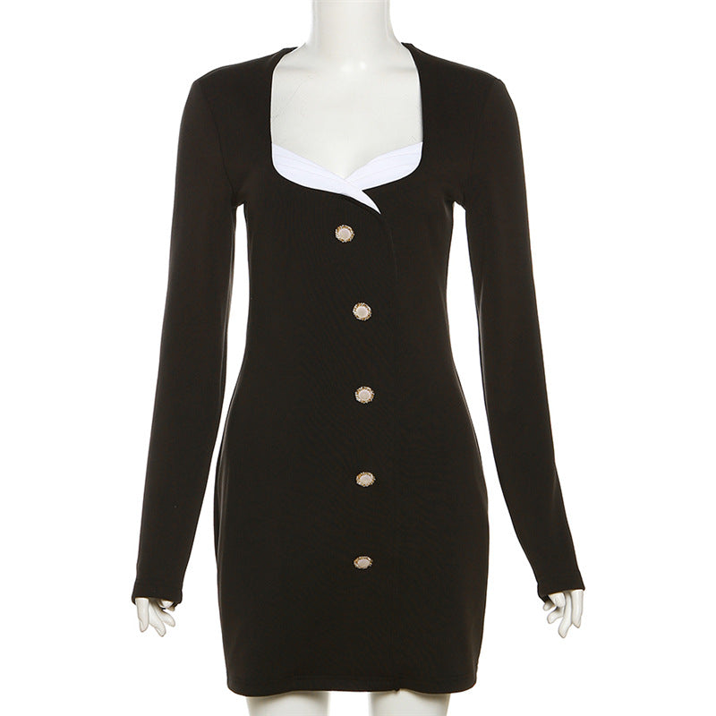 Autumn Fashion Long Sleeve Square Neck Slim Fit Dress