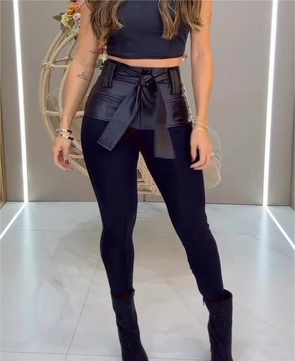 Stitching Leather Belt Trousers