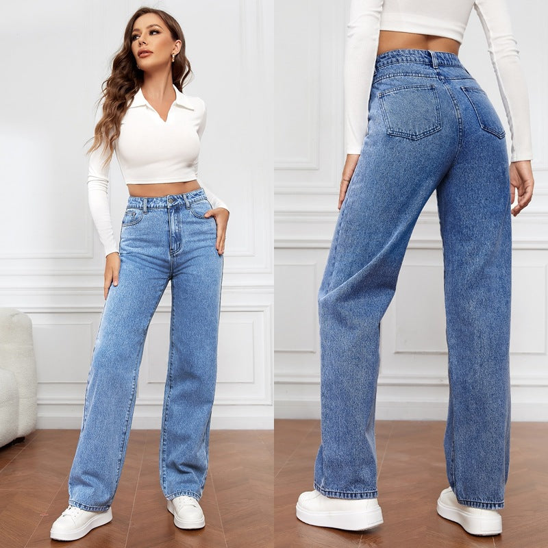 High Waist Straight-leg Denim Washed Light Colour Pants