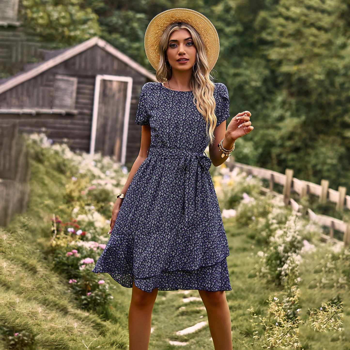 Round Neck Elegant Floral Summer Dress