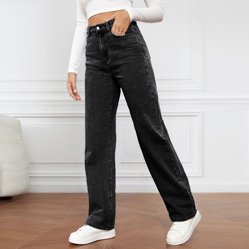 High Waist Straight-leg Denim Washed Light Colour Pants