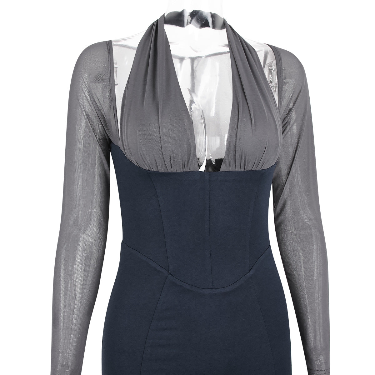 Stunning Long Sleeve Deep Formal Mesh V Dress