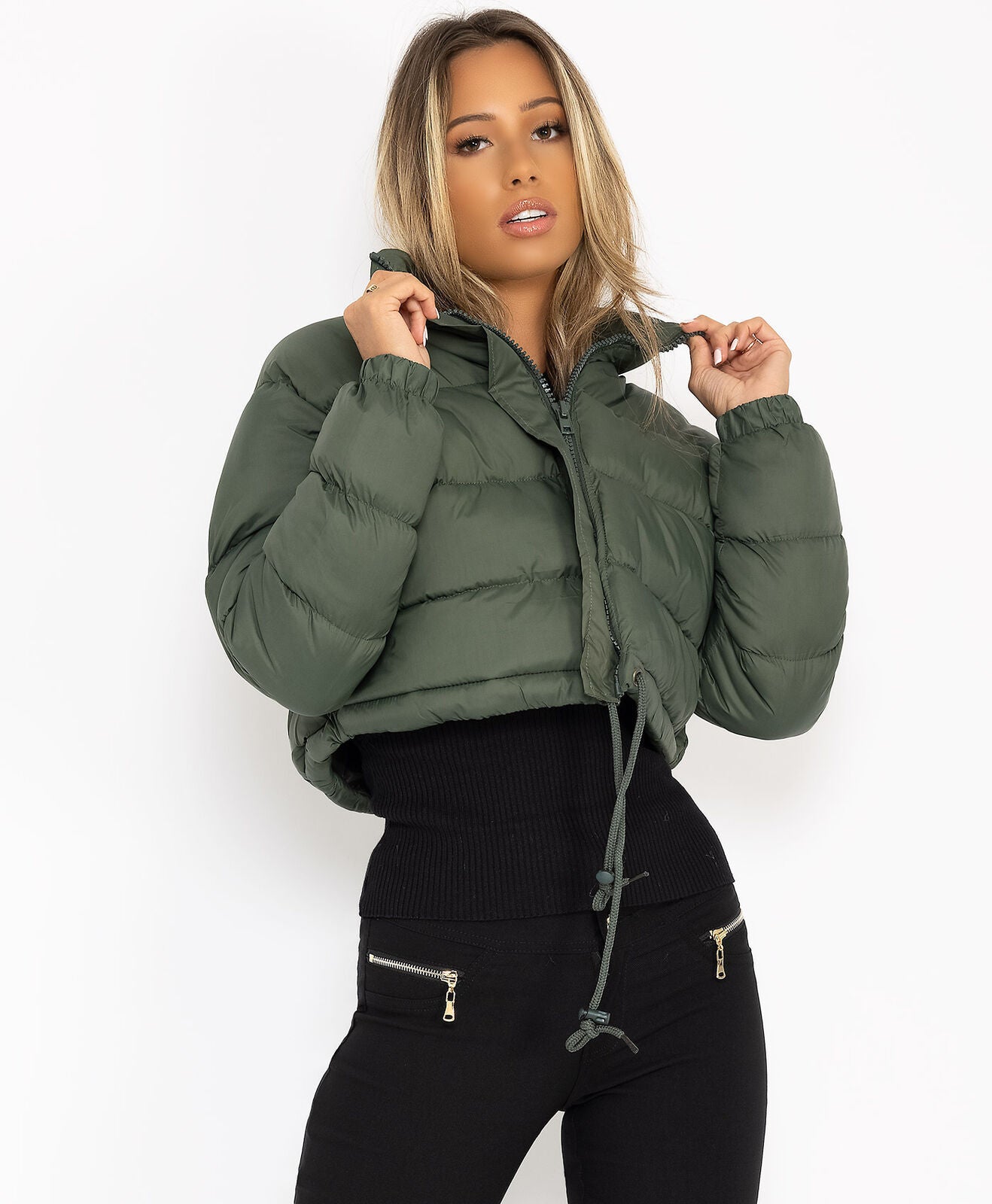 Short Puffer Jacket with Drawstrings