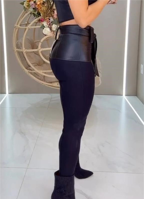 Stitching Leather Belt Trousers