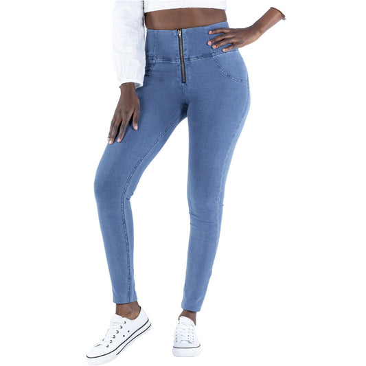 High Waist Zipper Denim Style Legging Pants