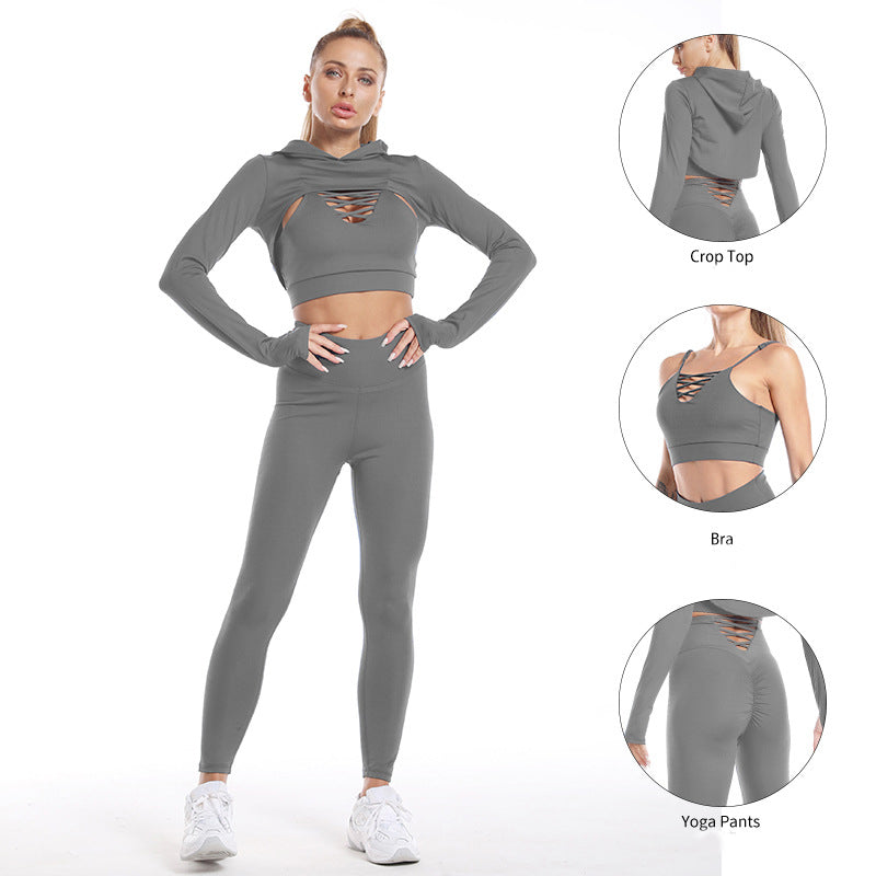 3 Pieces Long Sleeve Hooded Top High Waist Seamless Gym Suit