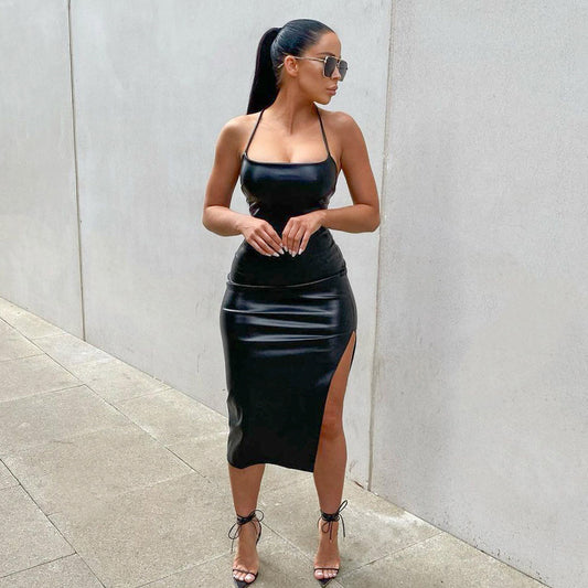 Lace-up Split Sling Contouring Leather Dress