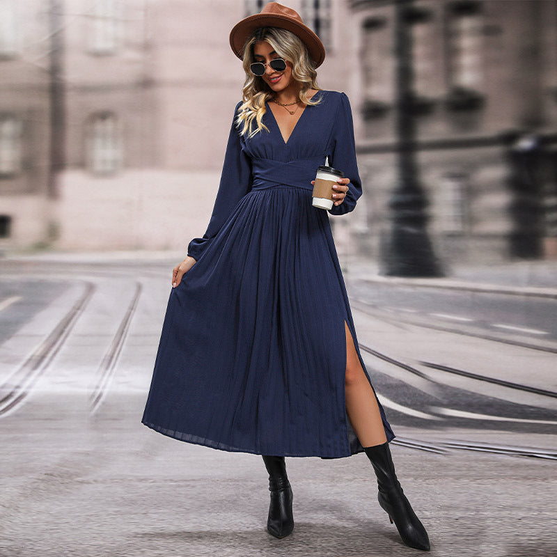 Sapphire Blue Long Sleeve Elegant Autumn Dress