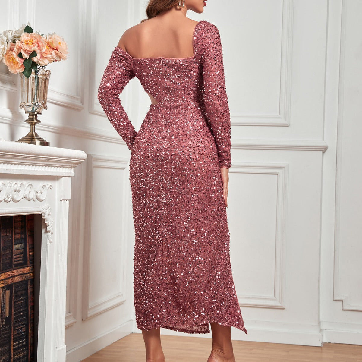 Square-Neck Slim-Fit Sequined Evening Dress