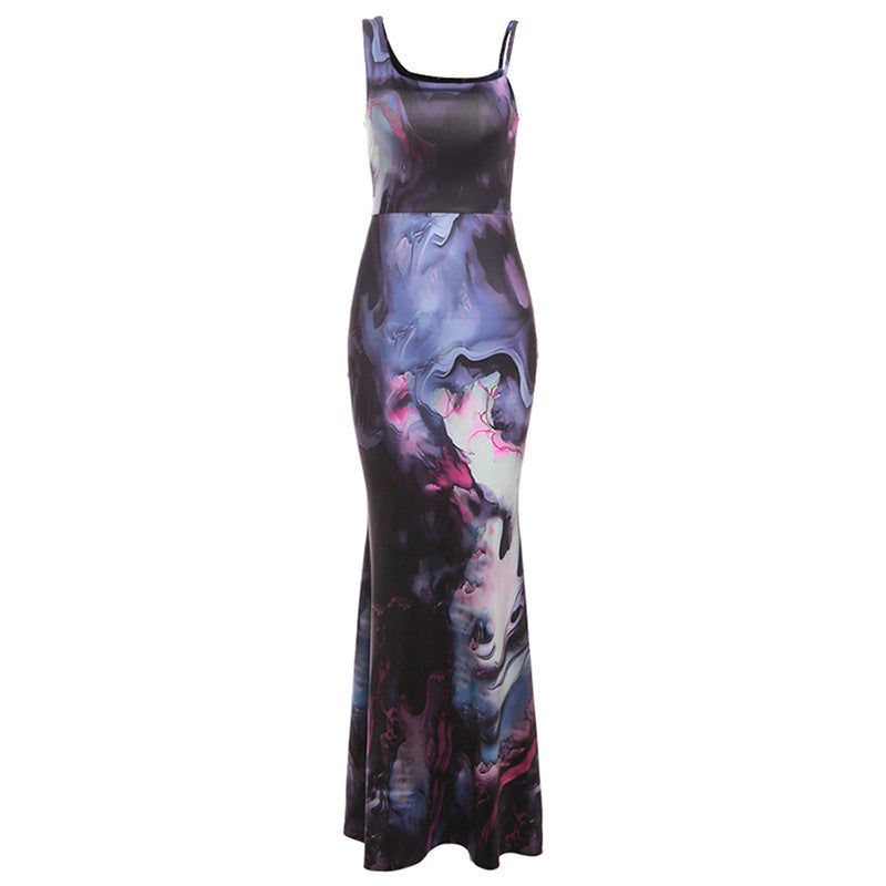 Sling Off-neck Printing Maxi Dress