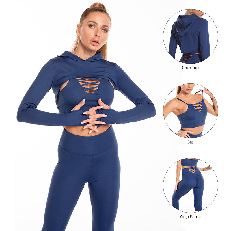 3 Pieces Long Sleeve Hooded Top High Waist Seamless Gym Suit