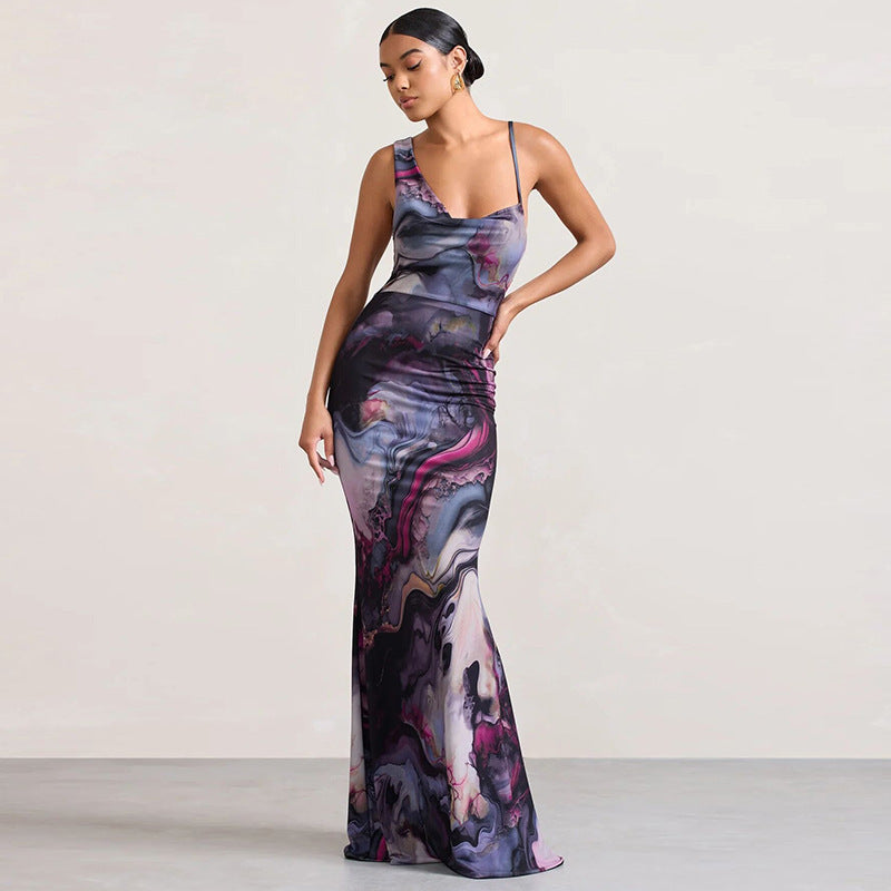 Sling Off-neck Printing Maxi Dress