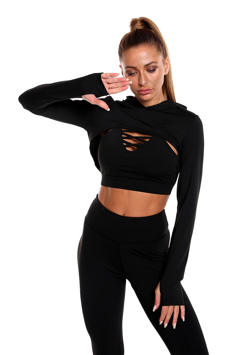 3 Pieces Long Sleeve Hooded Top High Waist Seamless Gym Suit