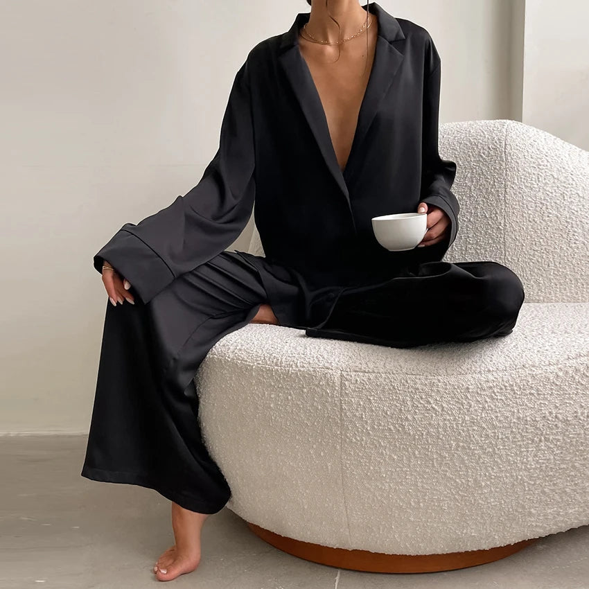 Oversize Satin Silk Sleepwear Low Cut Long Sleeves