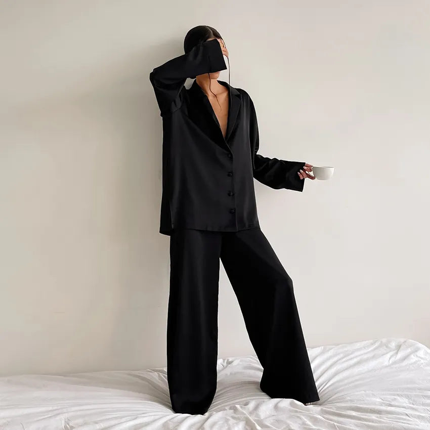 Oversize Satin Silk Sleepwear Low Cut Long Sleeves