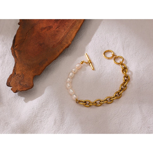 Elegant Natural Pearl Toggle-Clasps Chain Bracelet